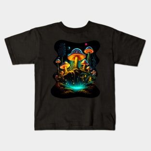 Cottagecore Psychedelic Colors Moon Mushroom Village Kids T-Shirt